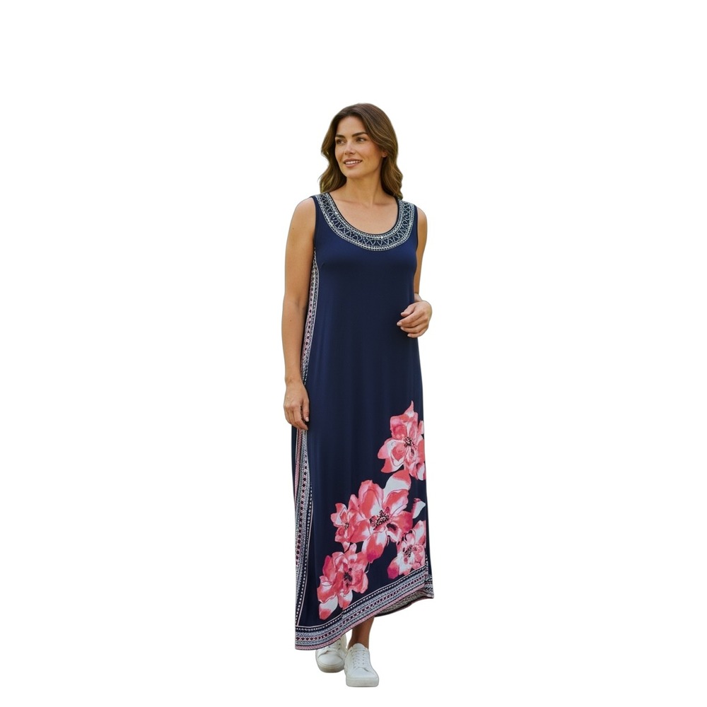 Sleeveless Maxi Dress Navy Blue Floral Embellished‎ Neck Casual Comfort
